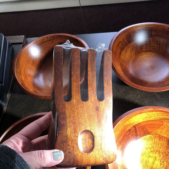 7 Piece Salad Set Cherrywood Large Wavy Salad Bowl with Servers 4 Indiv Bowls - Picture 10 of 14